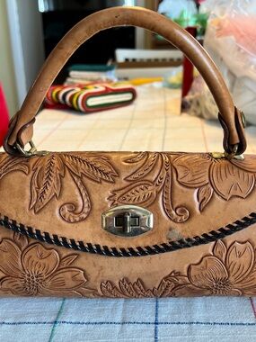 Vintage Hand-Tooled Floral Leather Top-Handle Bag in Tan